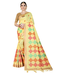 Cream And Orange Geometric Pattern Zari Jacquard Borderd Linen Textured Premium Saree