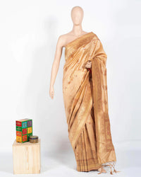Beige And Red Ethnic Pattern Zari Jacquard Borderd Art Tussar Silk Premium Saree