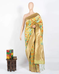 Pistachio Green And Orange Floral Pattern Zari Jacquard Borderd Art Tussar Silk Premium Saree