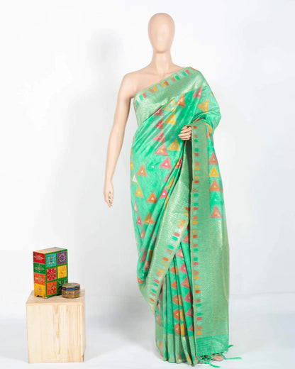 Pistachio Green And Orange Geometric Pattern Zari Jacquard Borderd Art Tussar Silk Premium Saree