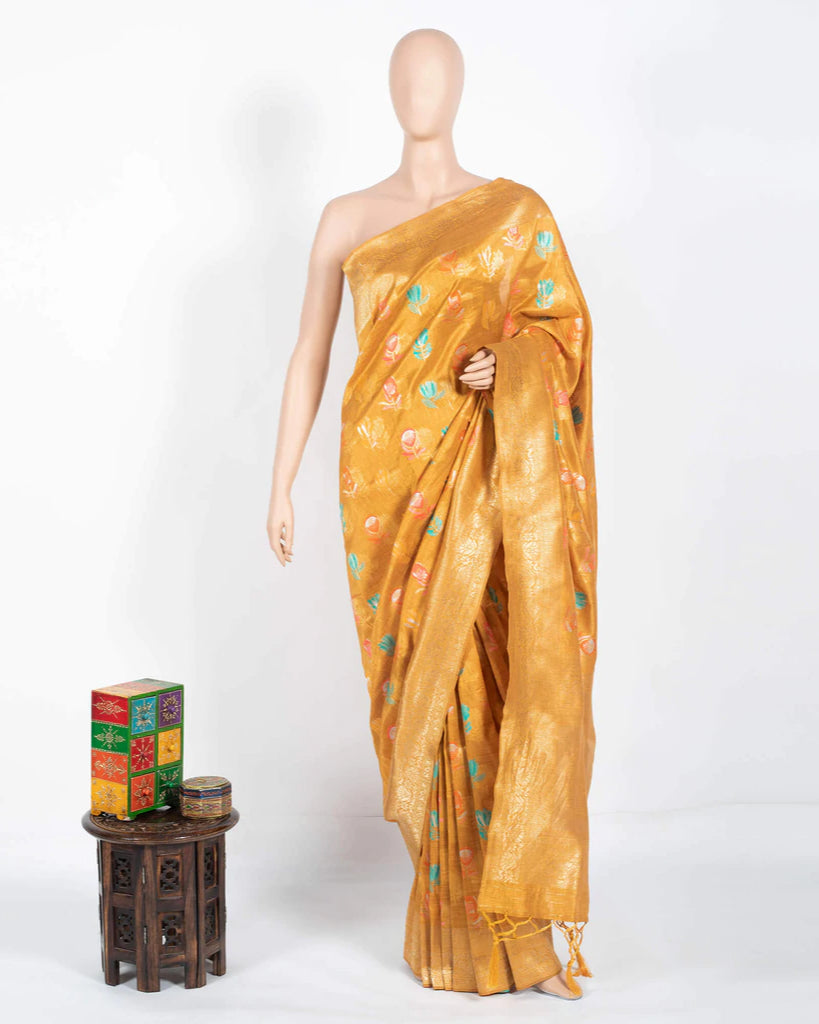 Yellow And Sea Green Floral Pattern Zari Jacquard Borderd Art Tussar Silk Premium Saree With Tassels