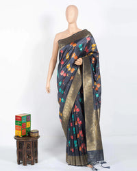 Anchor Grey And Fuchsia Floral Pattern Zari Jacquard Borderd Art Tussar Silk Premium Saree With Tassels