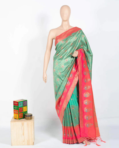 Sea Green And Dark Pink Floral Pattern Zari Jacquard Borderd Art Tussar Silk Premium Saree