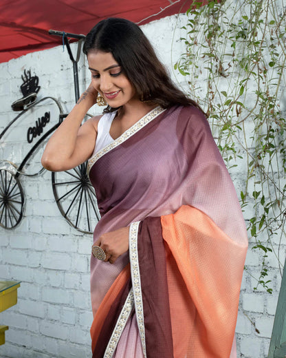 Orange And Brown Ombre Pattern Digital Print Kota Doria Saree With Sequins Lace Border