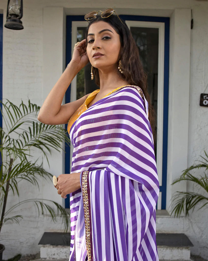 Grape Purple And White Stripes Pattern Digital Print Georgette Saree With Zari Sequins Lace Border