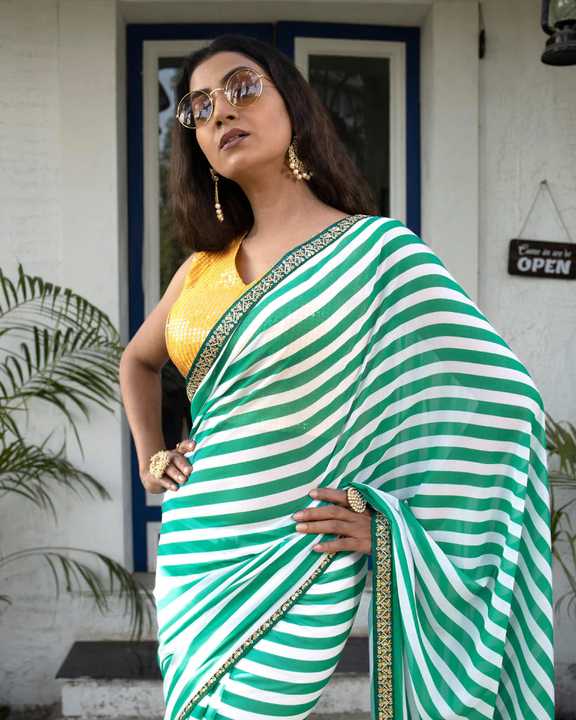 Jungle Green And White Stripes Pattern Digital Print Georgette Saree With Zari Sequins Lace Border