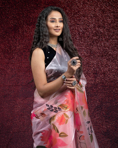 Pink Floral Pattern Digtal Print Shimmer Tisshu Saree With Tassles
