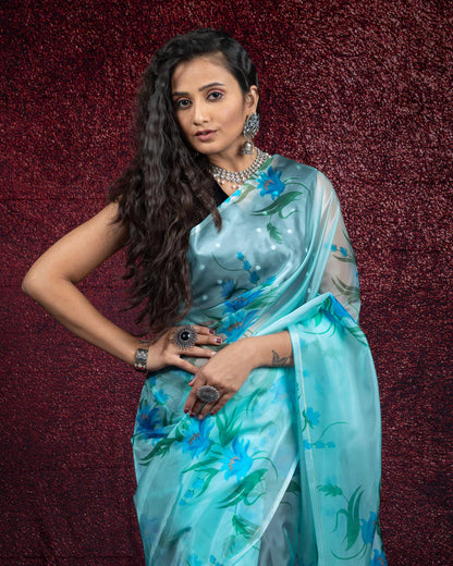 Baby Blue And Green Floral Pattern Digtal Print Shimmer Tisshu Saree With Tassles