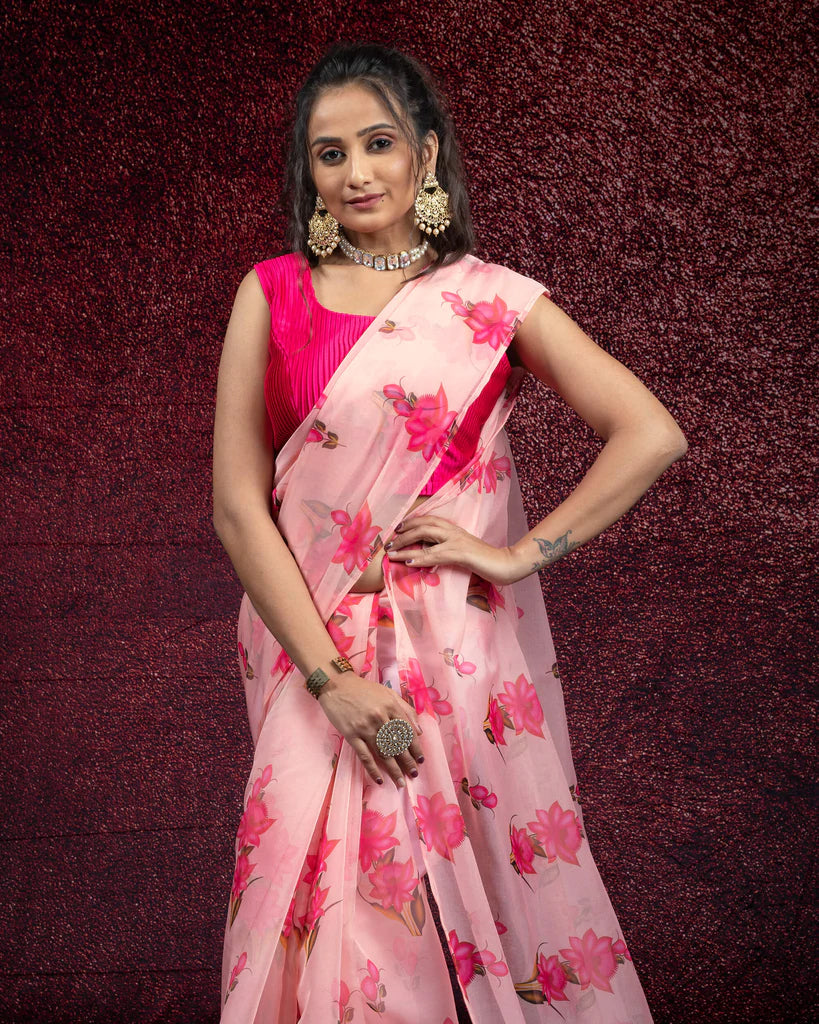 Pink Floral Pattern Organza Saree With Tassles