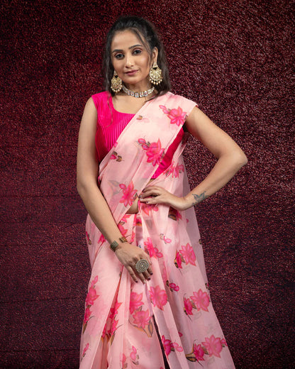 Pink Floral Pattern Shimmer Tisshu Saree With Tassles