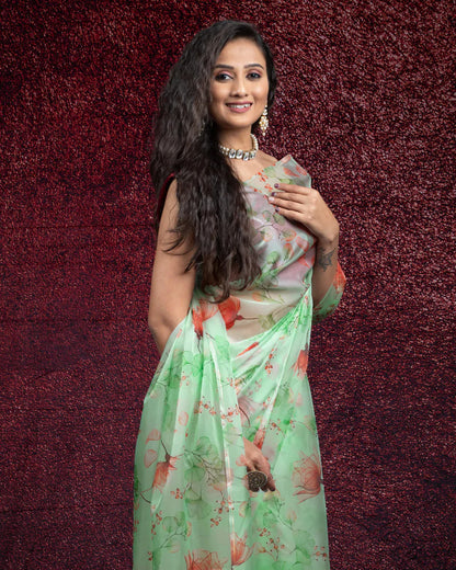 Mint Green and Rust Orange Floral Pattern Digtal Print Shimmer Tisshu Saree With Tassles