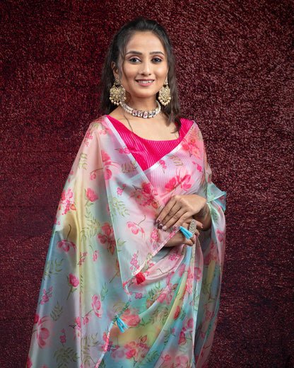 Pastel Blue and Rust Orange Floral Pattern Digtal Print Shimmer Tisshu Saree With Tassles