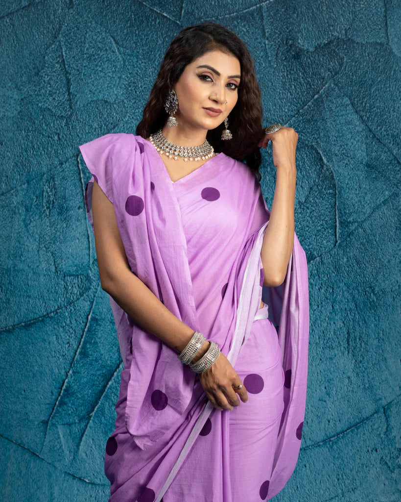 Lavender Purple Polka Dots Pattern Digital Print Cotton Mulmul Saree