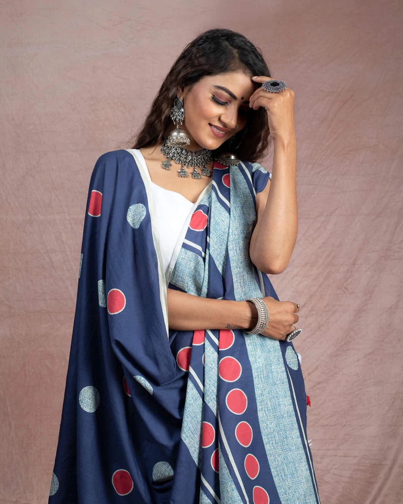 Navy Blue And Red Polka Dots Pattern Digital Print Cotton Mulmul Saree With Tassles