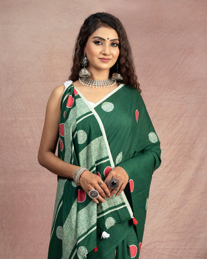 Sacramento Green And Red Polka Dots Pattern Digital Print Cotton Mulmul Saree With Tassles