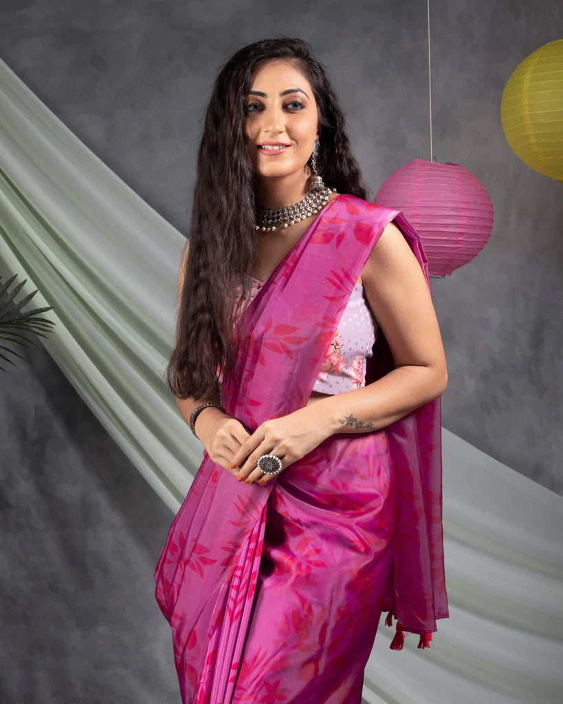 Creamy Pink And Red Leaf Pattern Half Digtal Print Liquid Organza Saree With Tassles