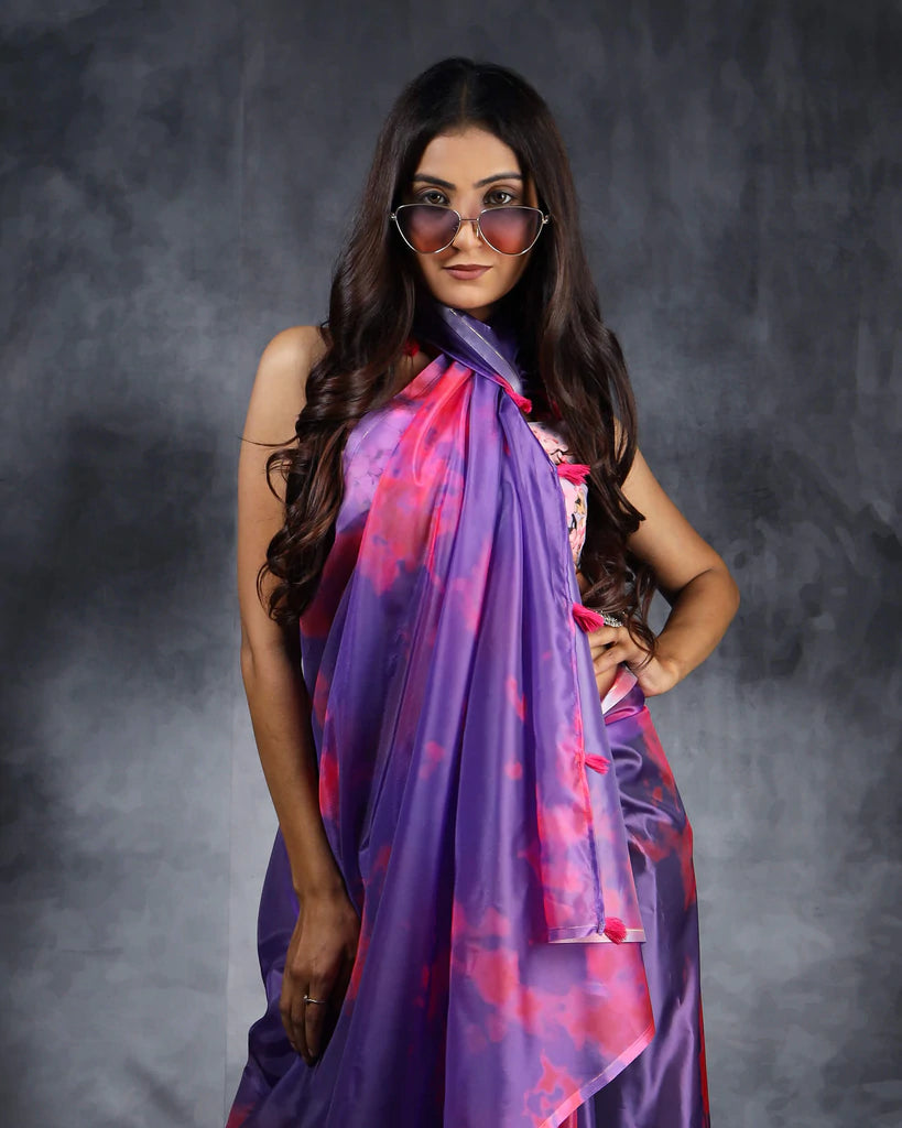 Purple And Pink Tie & Dye Pattern Liquid Organza Saree With Tassels