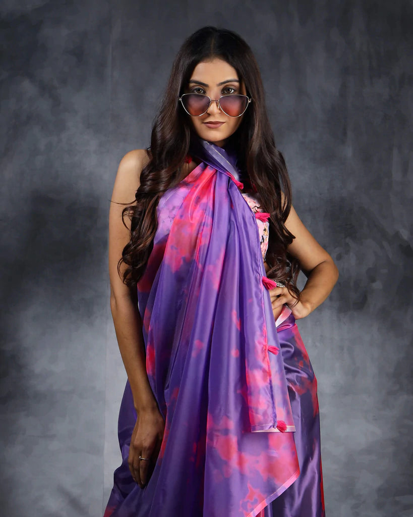 Purple And Pink Tye And Dye Pattern Liquid Organza Saree With Tassels