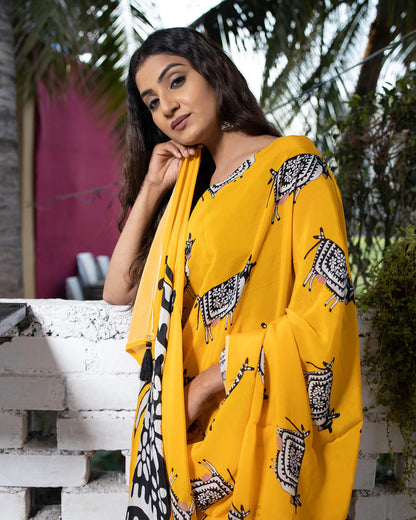 Gold Yellow And Black Animal Pattern Digital Print Natural Crepe Saree With Tassels
