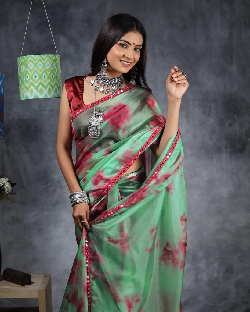 Persian Green And Maroon Tye And Dye Pattern Liquid Organza Saree With Mirror Work Lace Border
