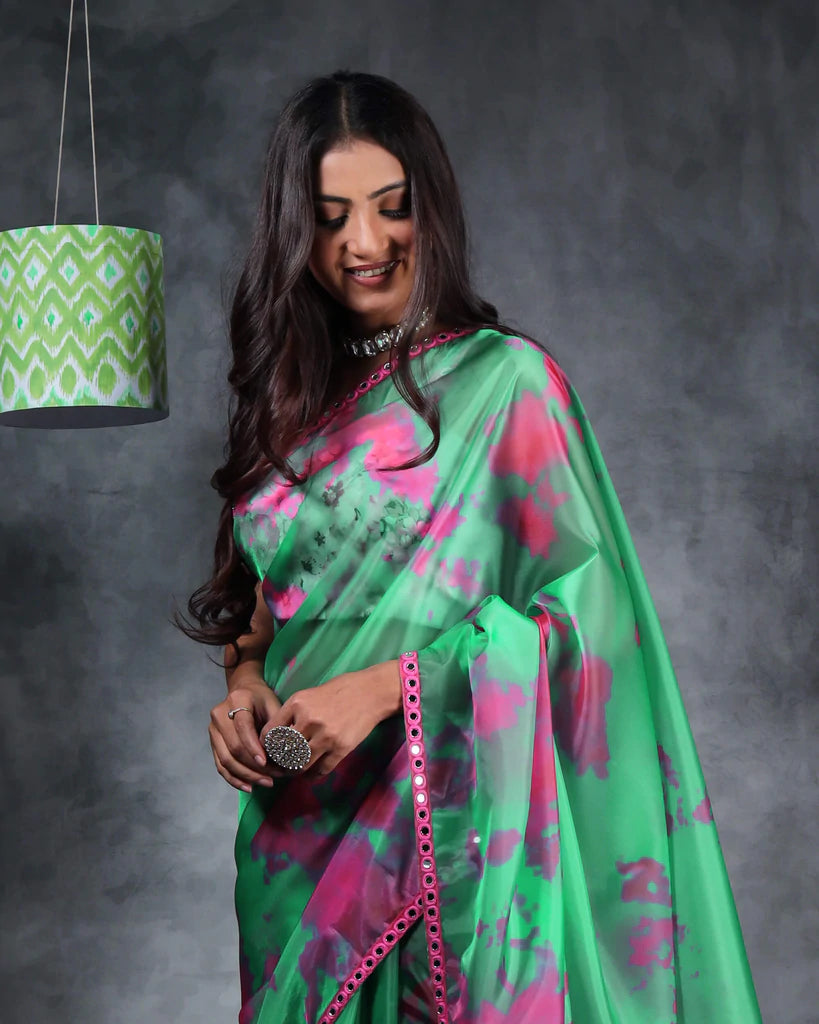Persian Green And Pink Tye And Dye Pattern Liquid Organza Saree With Mirror Work Lace Border