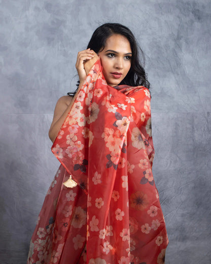 Wine Red And Beige Floral Pattern Shimmer Tisshu Saree With Tassels