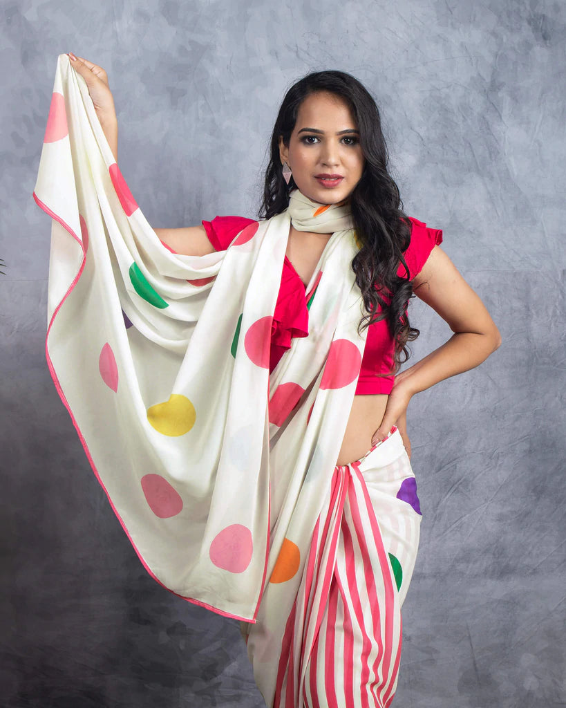 Off White And Pink Polka Dots Pattern Digital Print Georgette Saree