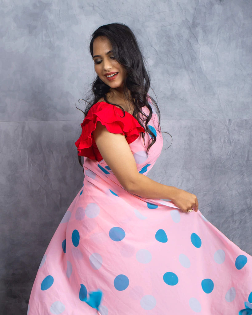 Salmon Pink And Turquoise Polka Dots Pattern Digital Print Georgette Saree With Tassels