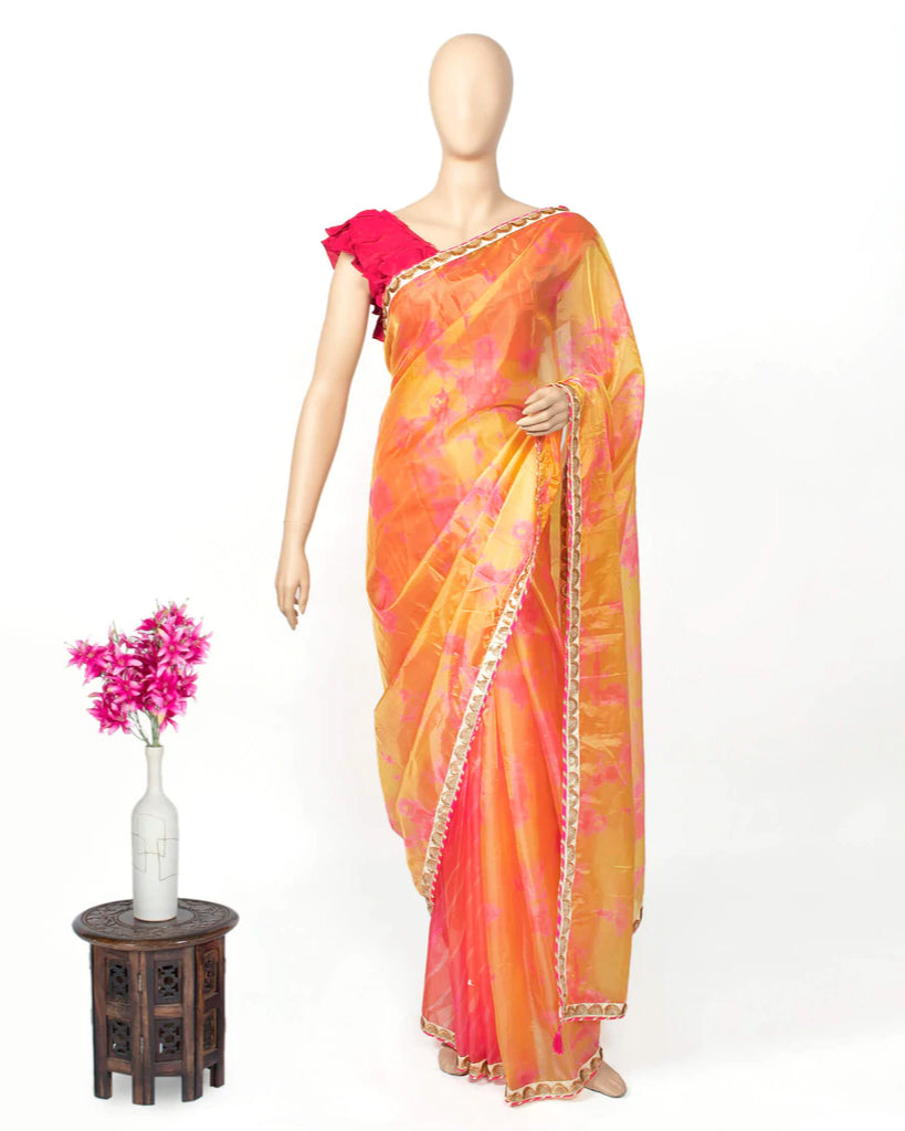Mustard Yellow And Pink Tye And Dye Pattern Digital Print Premium Organza Satin Saree With Lace Border