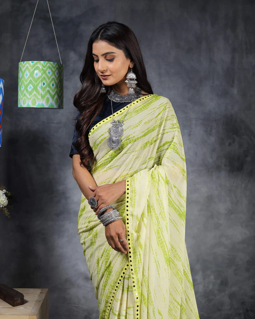 Lime Green And White Shibori Pattern Digital Print Georgette Saree With Mirror Work Lace Border