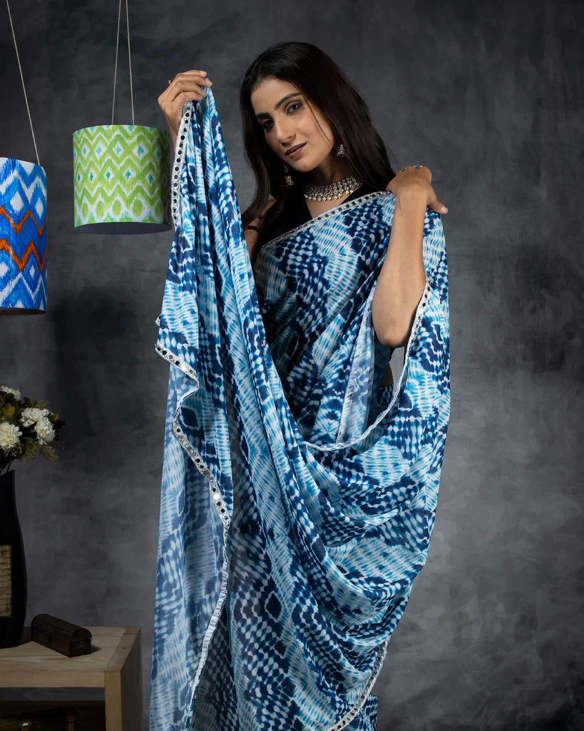 Blue Shiiborii Pattern Digital Print Georgette Saree With Mirror Work Lace Border