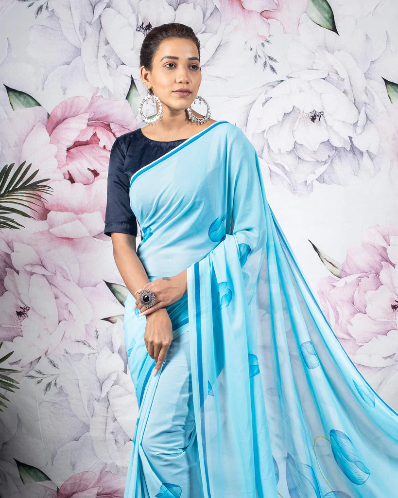Baby Blue And Green Floral Pattern Digital Print Georgette Saree With Tassels