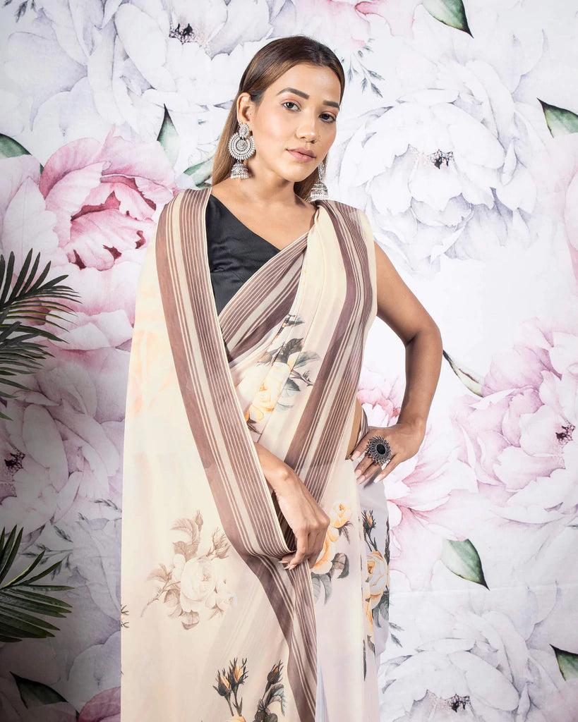 Salmon Pink And Army Green Floral Pattern Digital Print Georgette Saree