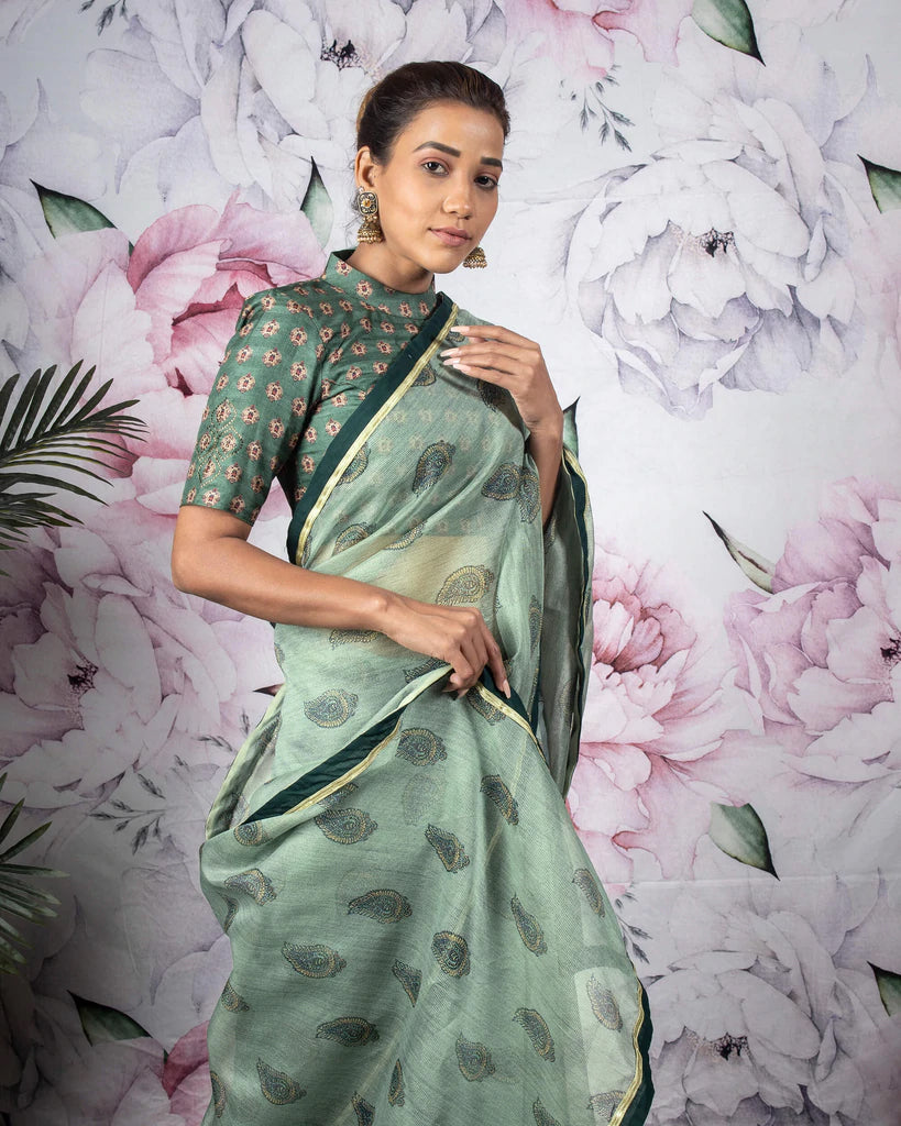 Summer Green Paisely Pattern Digital Print Kota Doria Saree With Lace Border