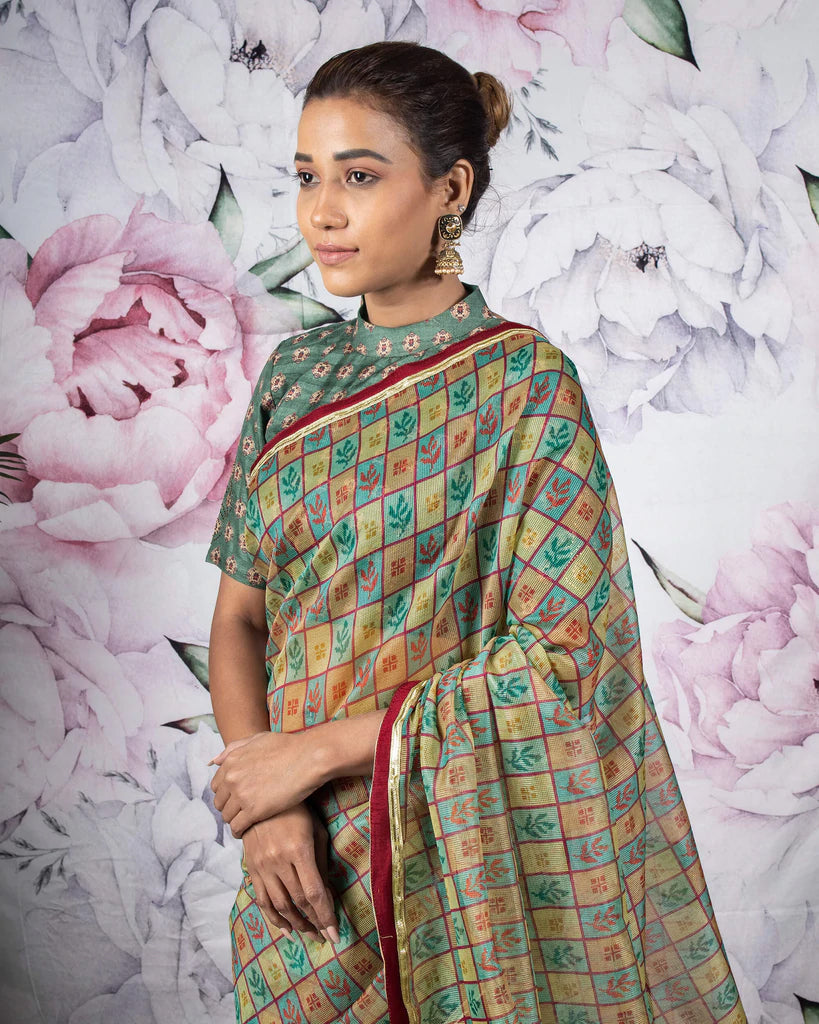 Green And Red Leaf Pattern Digital Print Kota Doria Saree With Tassels