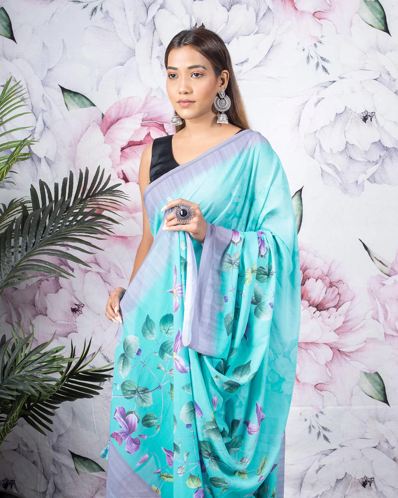 Bondi Blue And Purple Floral Pattern Digital Print Georgette Saree With Tassels