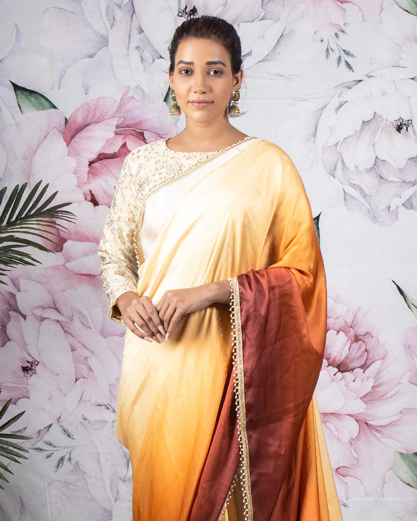 Brown And Cream Ombre Pattern Digital Print Chiffon Satin Saree With Tubular Beads Pearl Work Lace Border