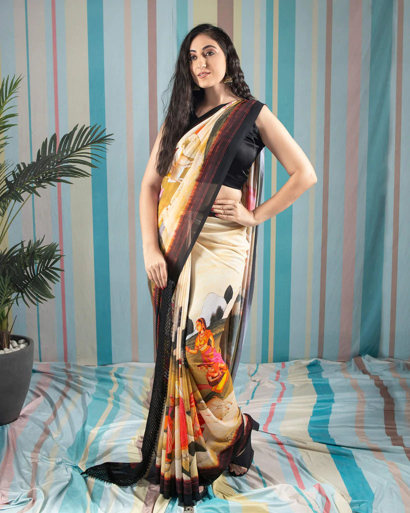 Oat Beige And Black Quirky Pattern Digital Print Georgette Saree With Cut Work Lace Border