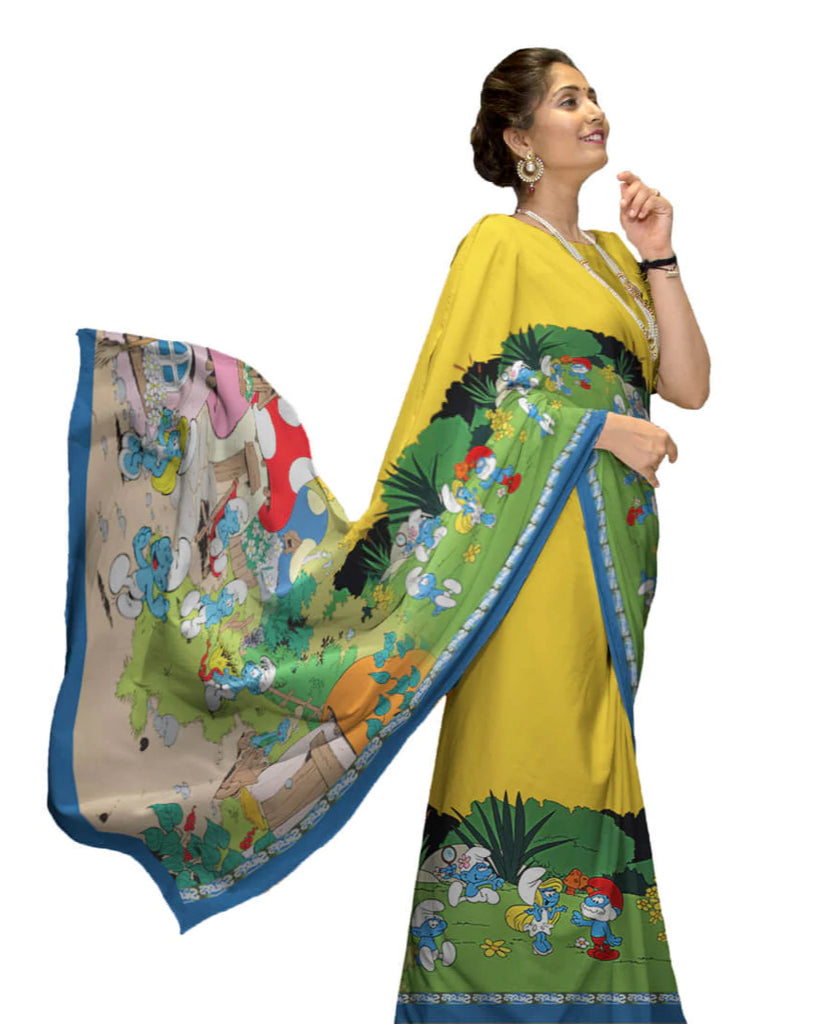Ramya's Choice Butter Yellow And  Green Quirky Pattern Digital Print Ultra Premium Butter Crepe Saree