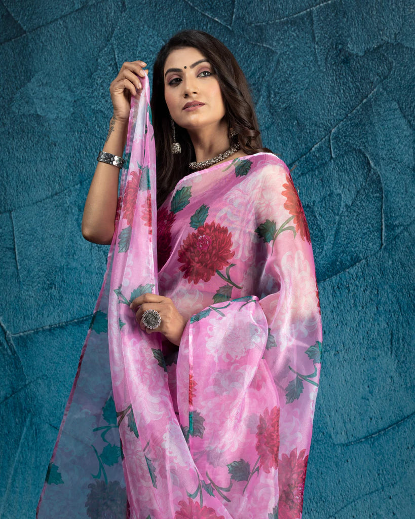 Taffy Pink and Green Floral Pattern Digital Print Organza Tissue Saree With Tassels