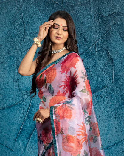 White And Orange Floral Pattern Digital Print Organza Tissue Saree With Lace