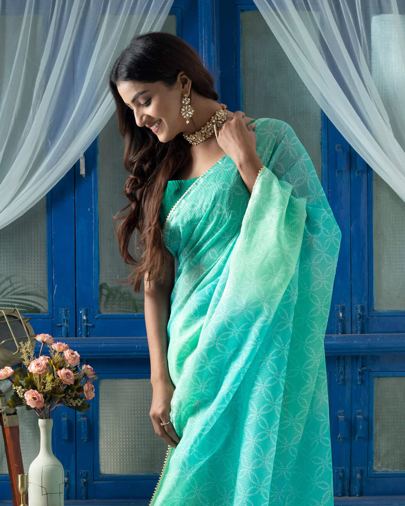 Pale Turquoise And Mint Green Bandhanii Pattern Digital Print Kota Doria Saree With Zari Lace Border