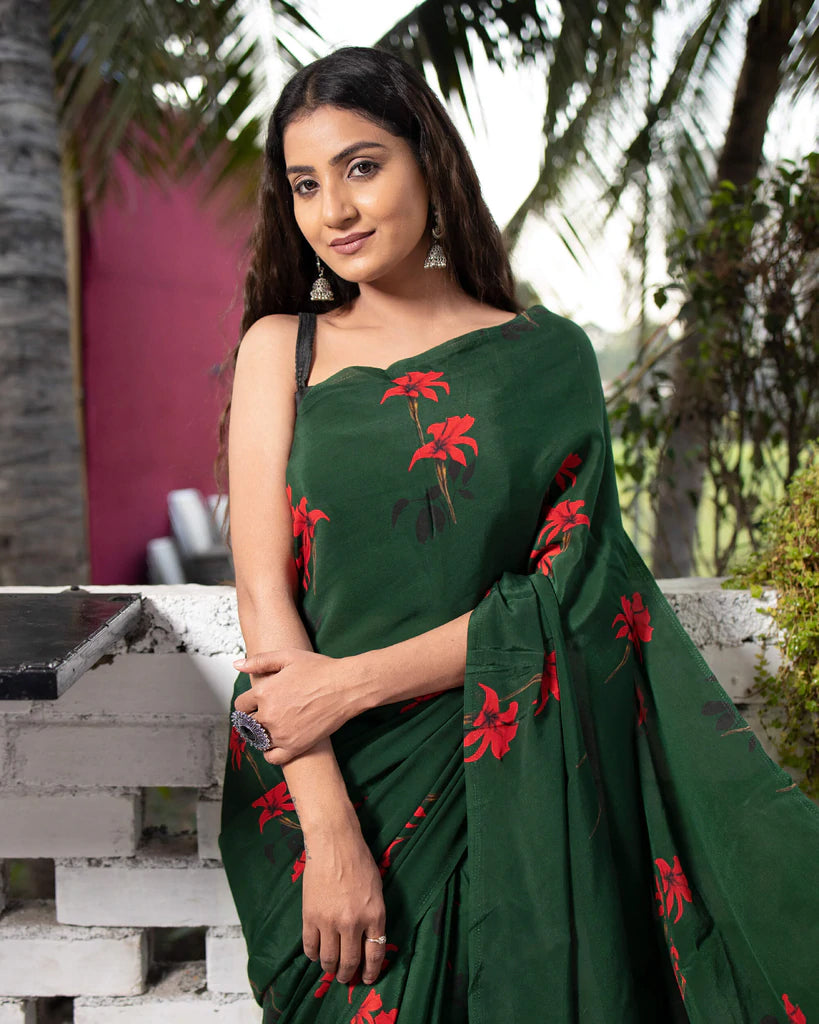 Sacramento Green And Red Floral Pattern Digital Print Natural Crepe Saree With Tassels