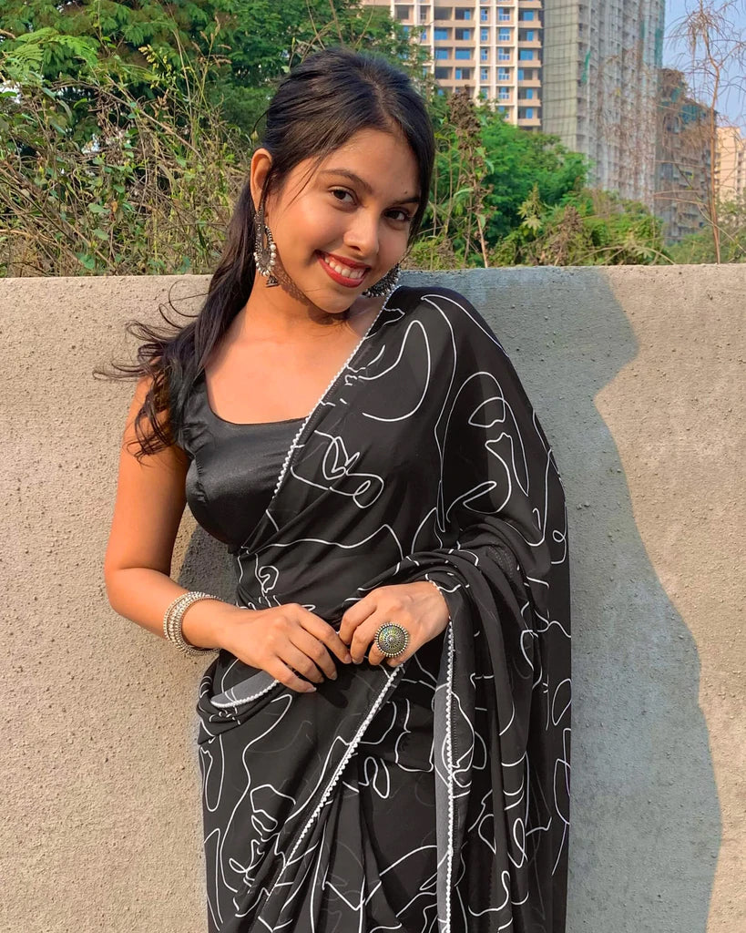 Black And White Abstract Pattern Digital Print Georgette Saree With Pearl Work Lace Border