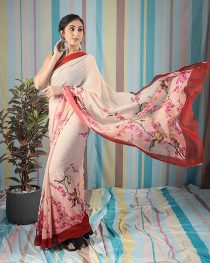 Soft Orange And Brick Red Floral Pattern Digital Print Poly Voile Saree