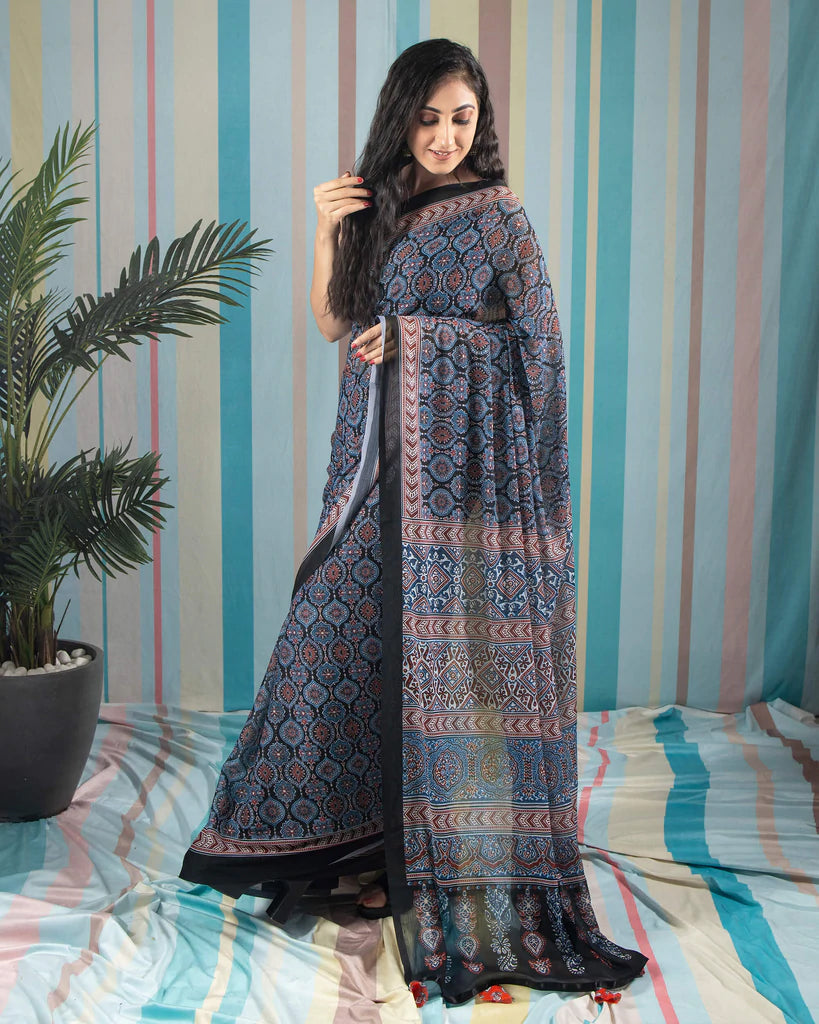 Yale Blue And Maroon Ajrakh Pattern Digital Print Poly Voile Saree With Satin Border