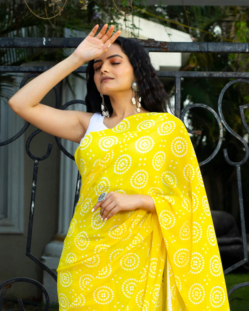Lemon Yellow And White Bandhanii Pattern Digital Print Georgette Saree With Tassels