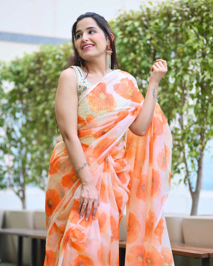 White And Orange Floral Pattern Shimmer Tisshu Saree With Foil Mirror Wrok Lace Border