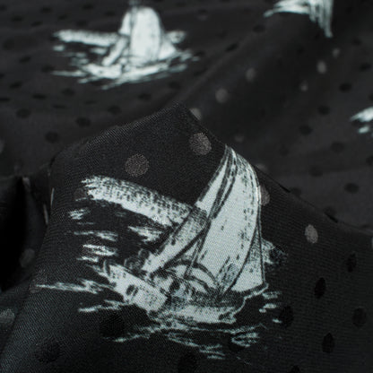 Monochrome Quirky Pattern Digital Print Jacquard Booti Japan Satin Fabric (Width 58 Inches)