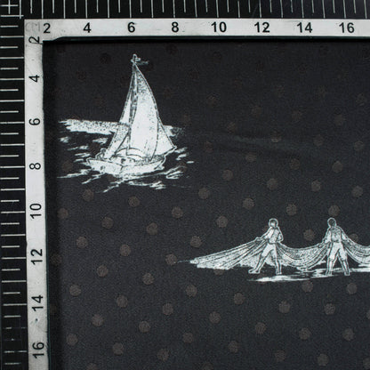 Monochrome Quirky Pattern Digital Print Jacquard Booti Japan Satin Fabric (Width 58 Inches)